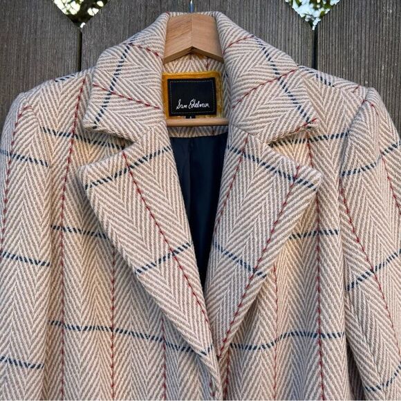 SAM EDELMAN Coat Womens Sz 4 Beige Wool Plaid Single Breasted Walker Pea Jacket - Picture 5 of 15